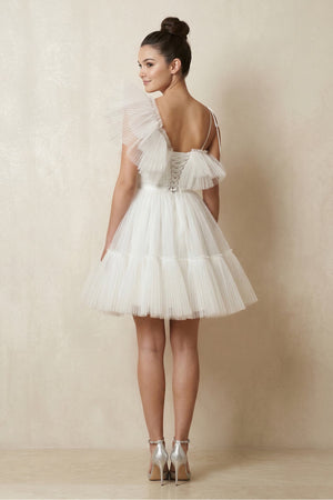 Ruffled Tulle A - Line One - Shoulder Mini Wedding Dress in Ivory - SHE IS ME Wedding Dresses