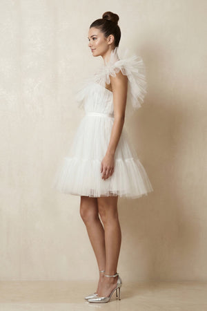Ruffled Tulle A - Line One - Shoulder Mini Wedding Dress in Ivory - SHE IS ME Wedding Dresses