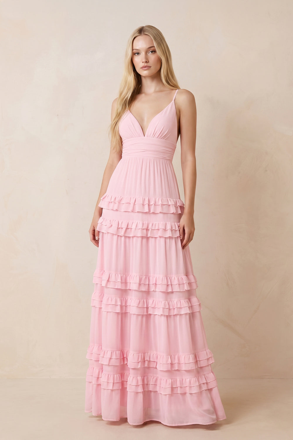 Ruffled V-Neck A-Line Chiffon Maxi Dress in Pink – SHE IS ME Dresses