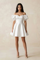 Satin Lace Off - the - Shoulder A - Line Wedding Dress in White - SHE IS ME Wedding Dresses