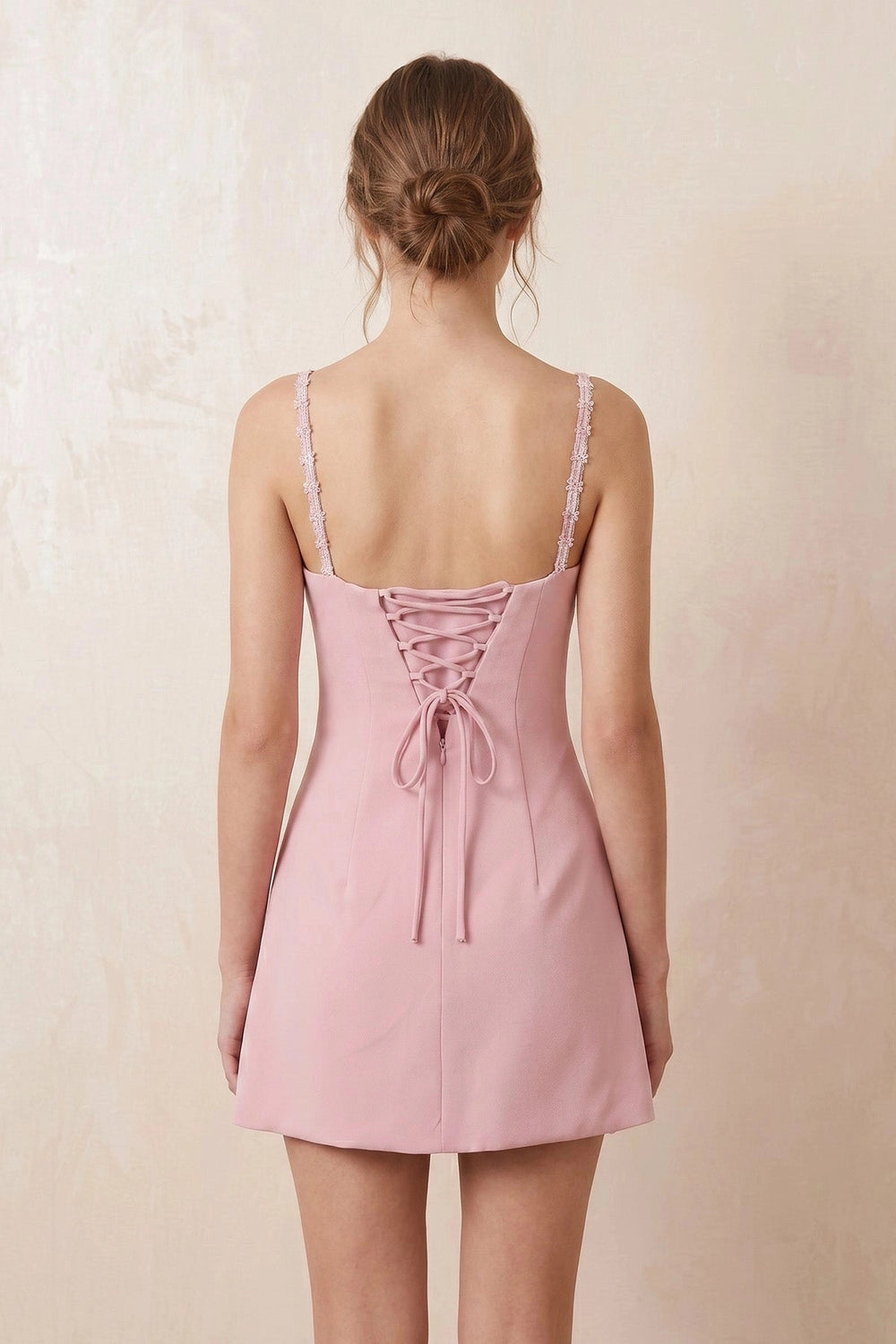 Satin Mini Dress with Floral Straps in Pink