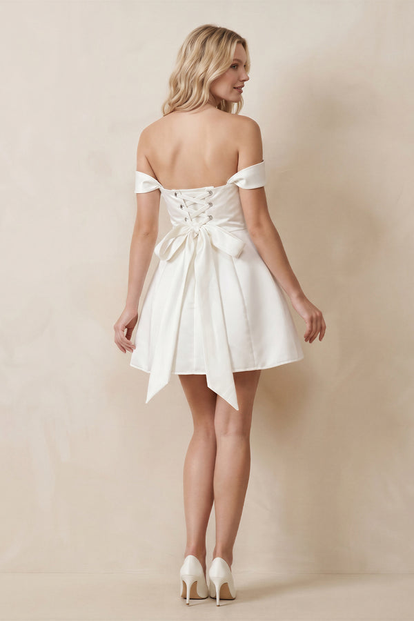 Satin Off-the-Shoulder A-Line Mini Wedding Dress in White