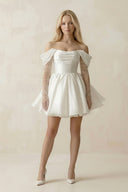 Satin Off - the - Shoulder A - Line Ruched Wedding Dress With Sleeves in White - SHE IS ME Wedding Dresses