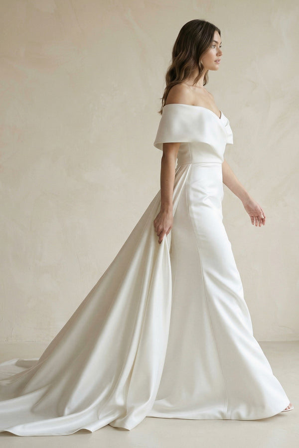 Satin Off - the - Shoulder Mermaid Weddding Dress With Cape Train in White - SHE IS ME Wedding Dresses