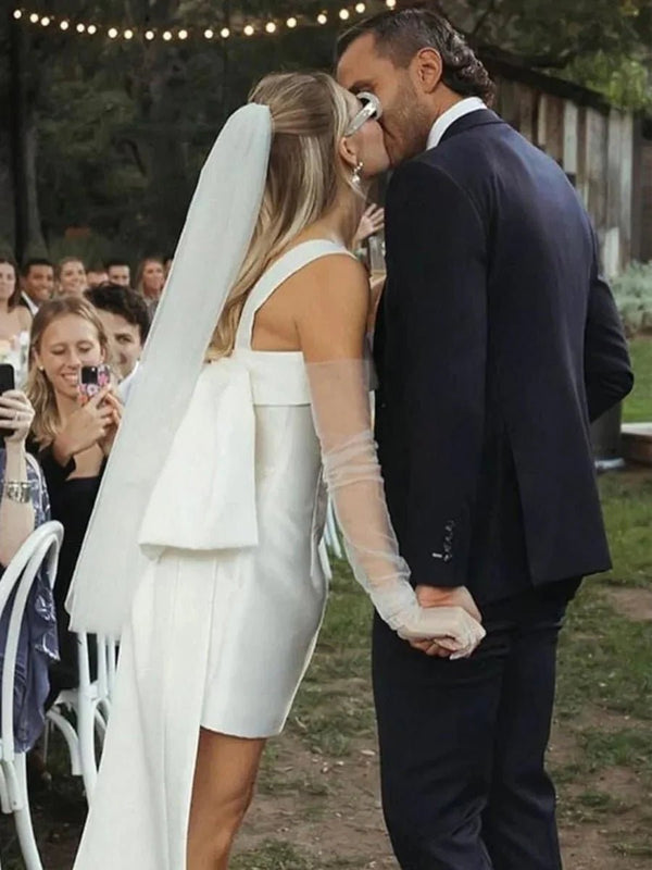 Satin Sheath Wedding Dress With Bow in Ivory - SHE IS ME Wedding Dresses
