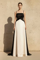 Satin Spaghetti Straps Maxi Dress in Black and Ivory - SHE IS ME