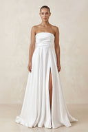 Satin Strapless A - Line Ruched Wedding Dress With Slit in White - SHE IS ME Wedding Dresses