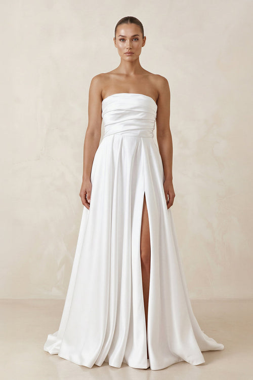 Satin Strapless A - Line Ruched Wedding Dress With Slit in White - SHE IS ME Wedding Dresses