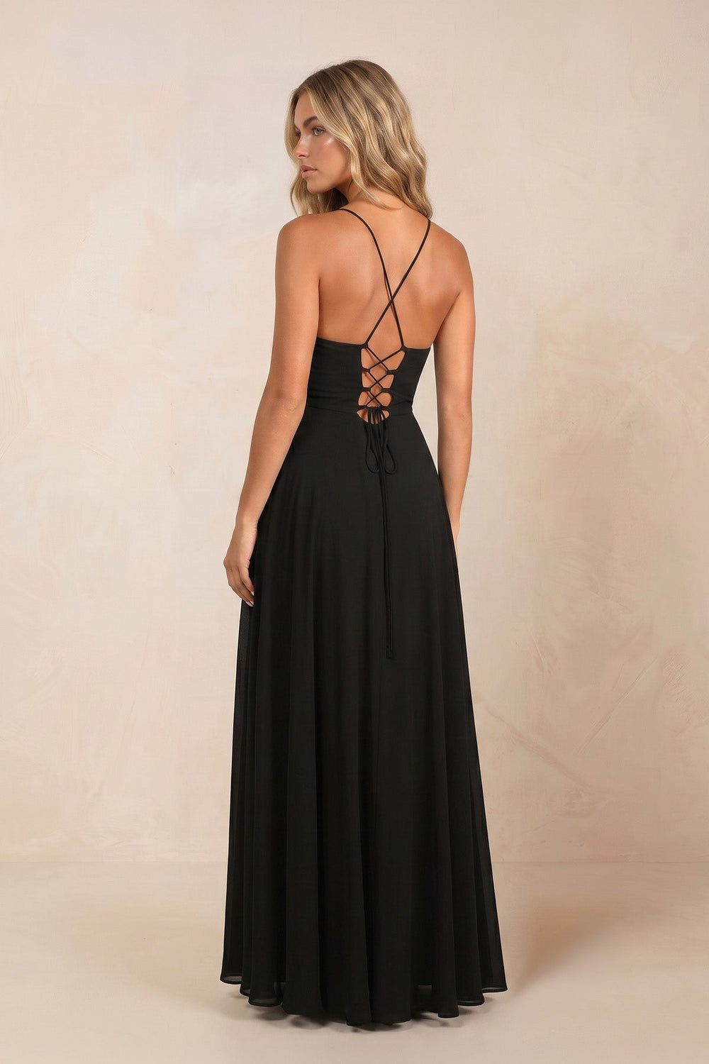 Scoop Neck A - Line Chiffon Maxi Dress in Black - SHE IS ME Dresses