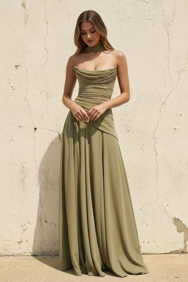 Scoop Neck Corset Gown with Scarf in Olive - SHE IS ME