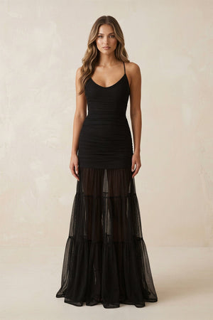 Scoop Neck Mermaid Tulle Ruched Lace - up Wedding Dress in Black - SHE IS ME Wedding Dresses