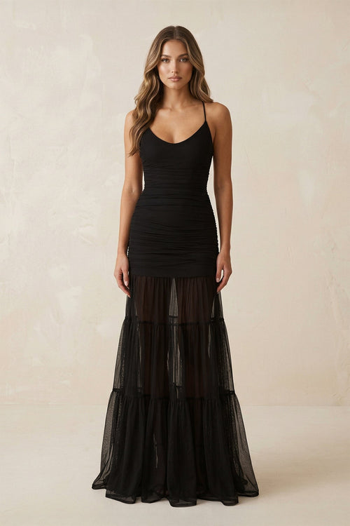 Scoop Neck Mermaid Tulle Ruched Lace - up Wedding Dress in Black - SHE IS ME Wedding Dresses