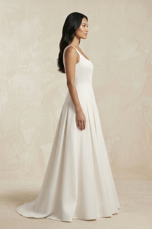 Scoop Neck Satin A - Line Pleated Wedding Dress in Ivory - SHE IS ME Wedding Dresses