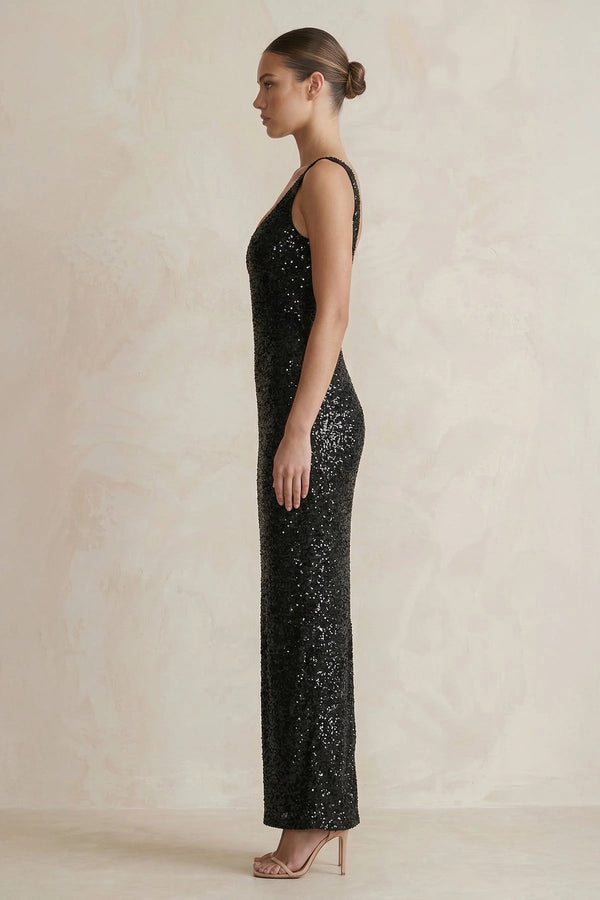 Sequins Scoop Neck Maxi Dress in Black - SHE IS ME PROM DRESSES