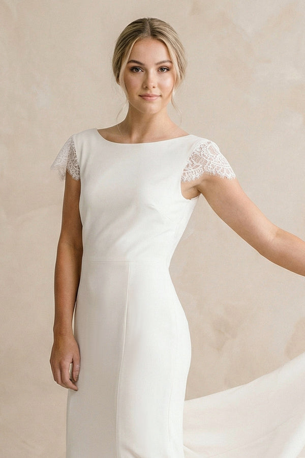 Sheath Bateau Neck Cap Sleeve Ivory Satin Wedding Dress - SHE IS ME Wedding Dresses