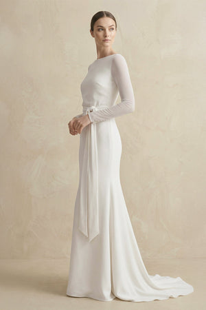 Sheath Chiffon Bateau Long Sleeve Wedding Dress in White - SHE IS ME Wedding Dresses