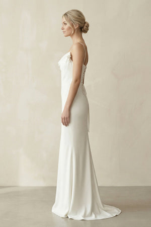 Sheath Cowl Neck Satin Maxi Wedding Dress in White - SHE IS ME Wedding Dresses