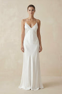 Sheath Spaghetti Straps V - Neck Wedding Dress in White - SHE IS ME Wedding Dresses