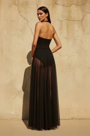 Sheer Tulle Halter Maxi Dress in Black - SHE IS ME