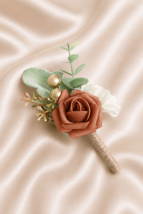 Silk Roses Artificial Wedding Bridesmaid Boutonniere in Orange - SHE IS ME Accessories