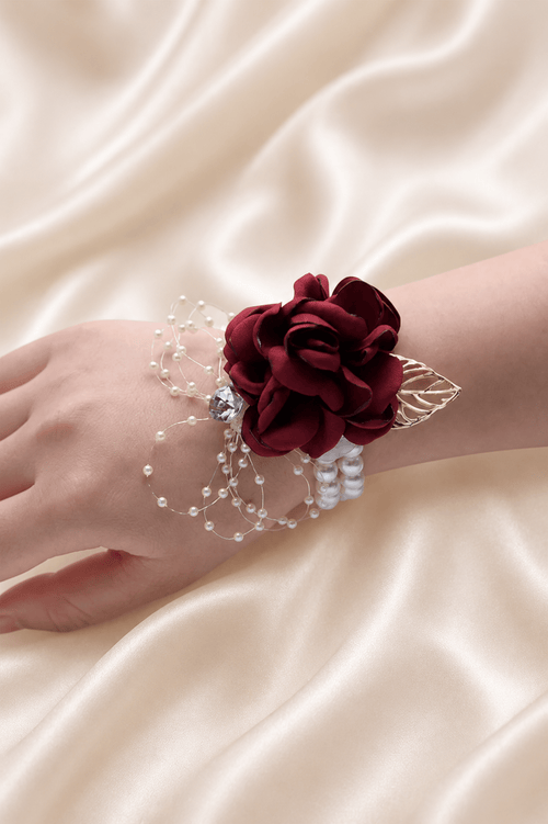 Silk Roses Artificial Wedding Bridesmaid Wrist Corsage in Burgundy - SHE IS ME Accessories