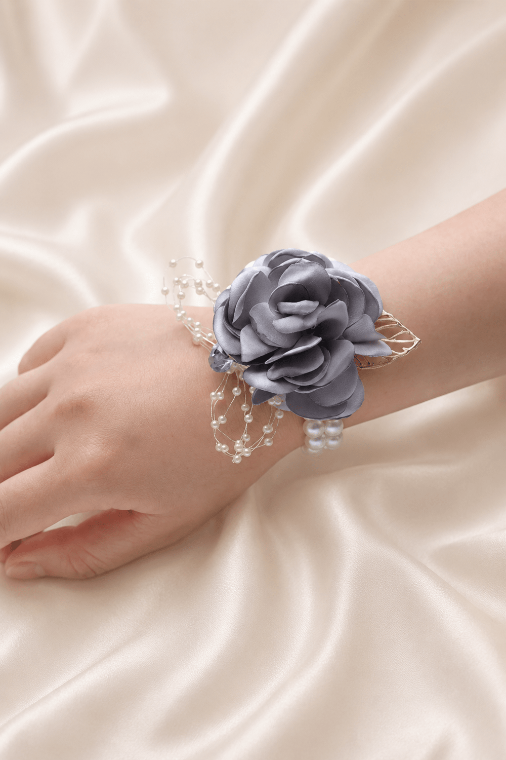Silk Roses Artificial Wedding Bridesmaid Wrist Corsage in Gray - SHE IS ME Accessories
