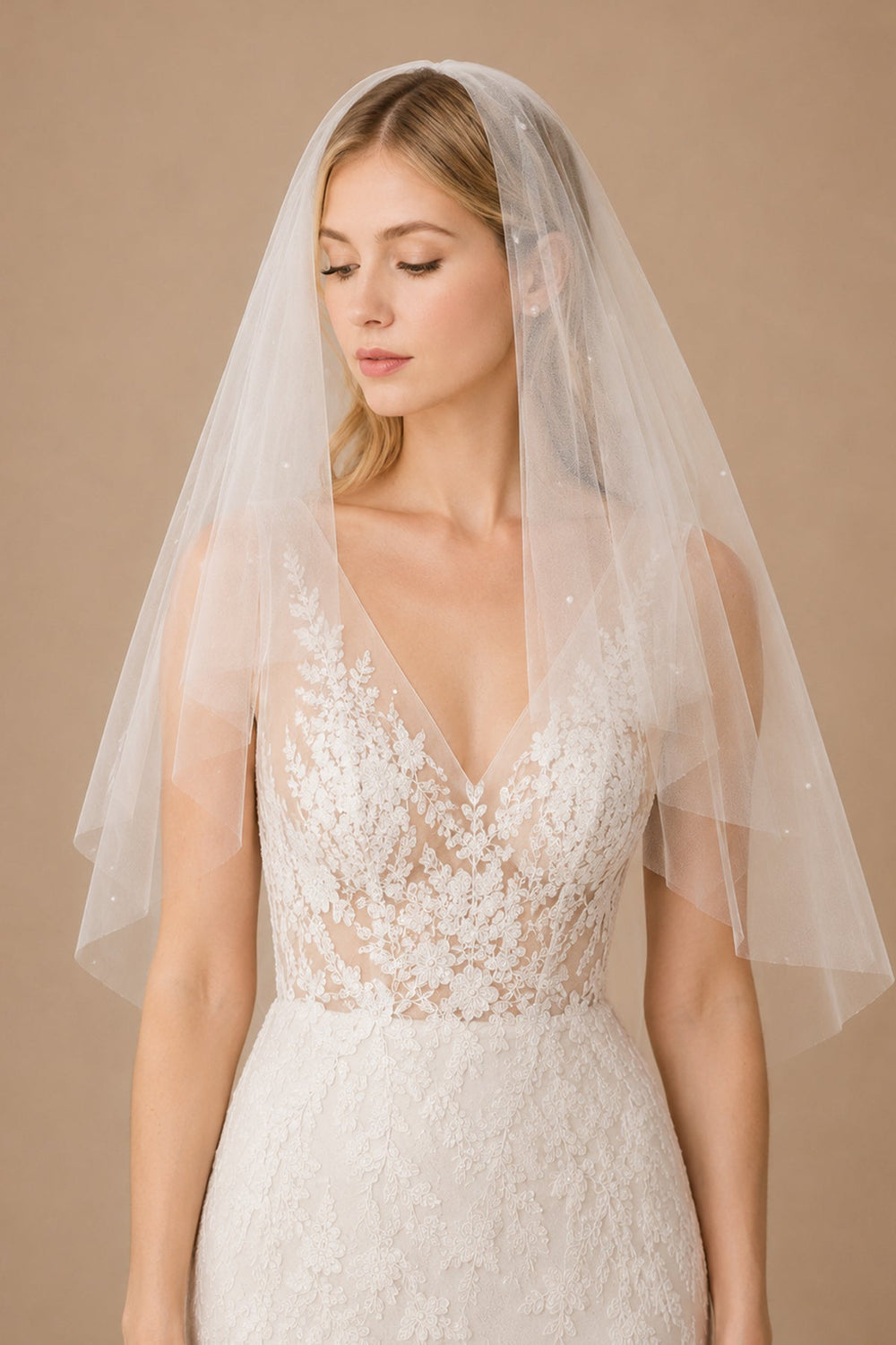Simple Pearls Tulle Wedding Veil Waist Length in Ivory - SHE IS ME Wedding Veils