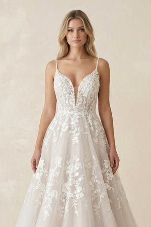Spaghetti Strap Appliqued Tulle Wedding Dress in Ivory - SHE IS ME Wedding Dresses