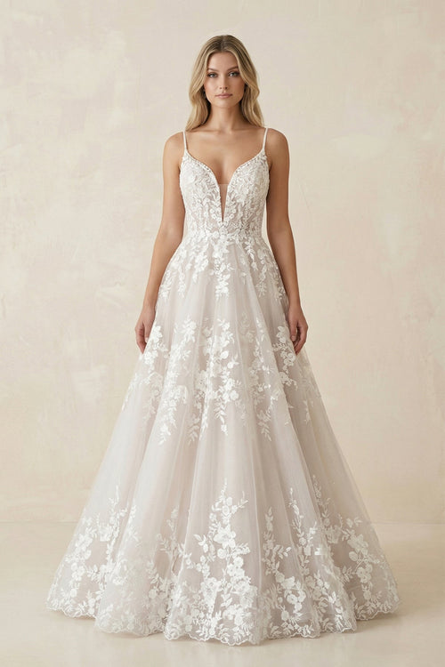 Spaghetti Strap Appliqued Tulle Wedding Dress in Ivory - SHE IS ME Wedding Dresses