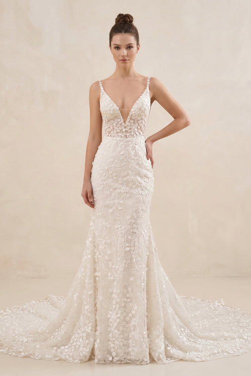 Spaghetti Strap Mermaid Appliqued Wedding Dress in Ivory - SHE IS ME Wedding Dresses