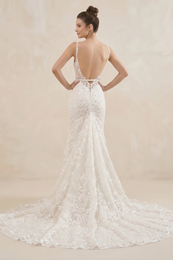 Spaghetti Strap Mermaid Appliqued Wedding Dress in Ivory - SHE IS ME Wedding Dresses