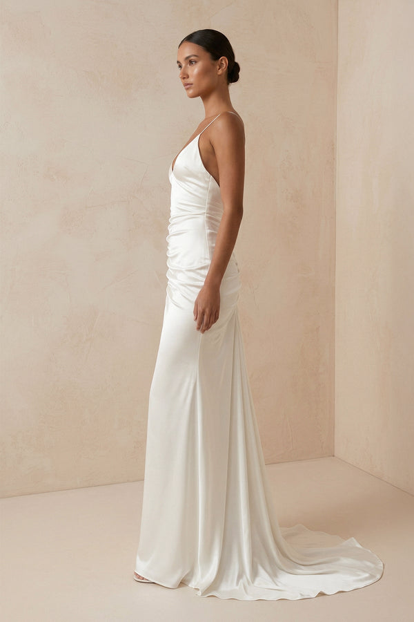 Spaghetti Strap Sheath Satin Wedding Dress With Slit in ivory - SHE IS ME Wedding Dresses