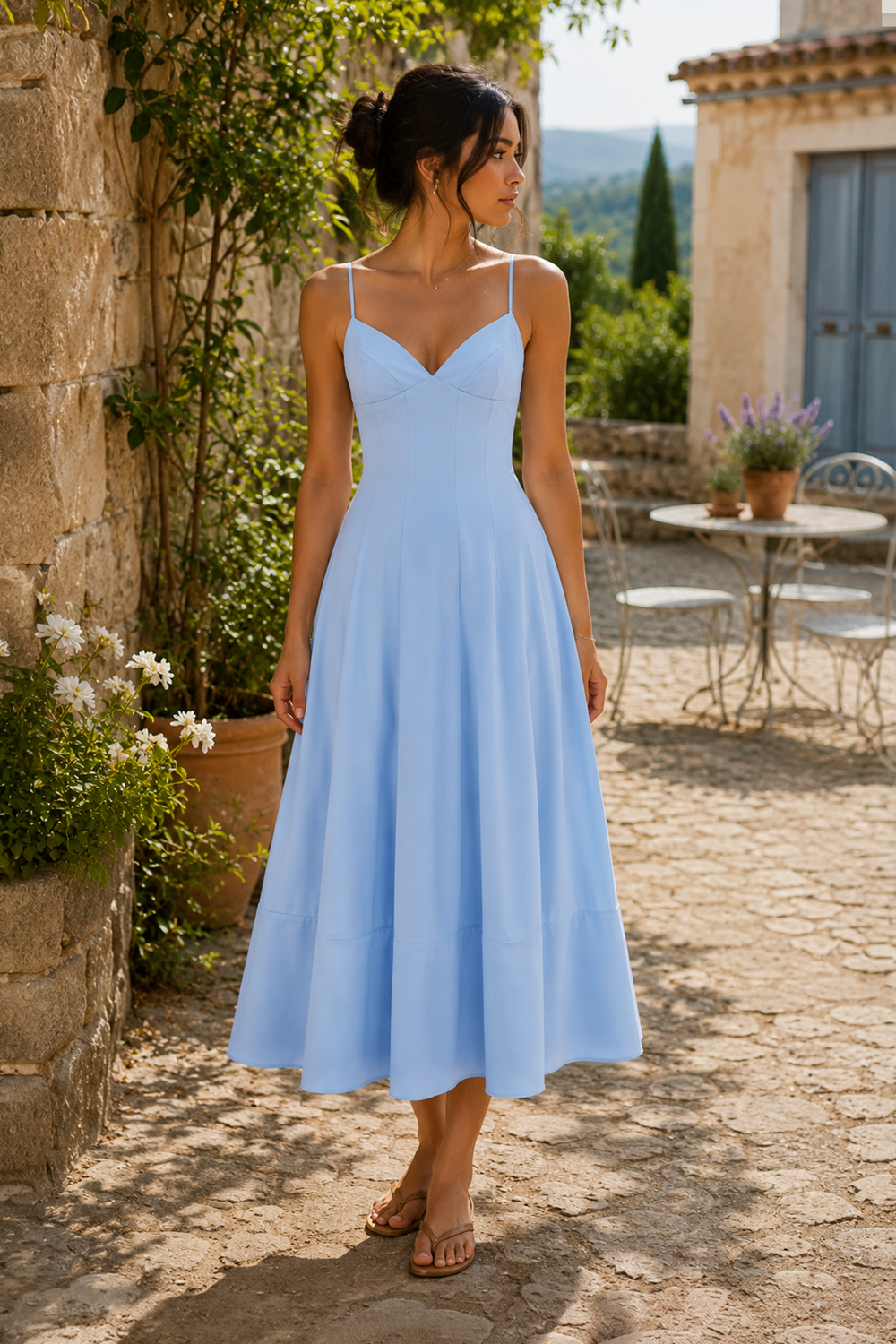 Spaghetti Straps A-Line Cotton Midi Dress in Blue– SHE IS ME Dresses