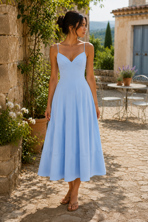 Spaghetti Straps A-Line Cotton Midi Dress in Blue– SHE IS ME Dresses