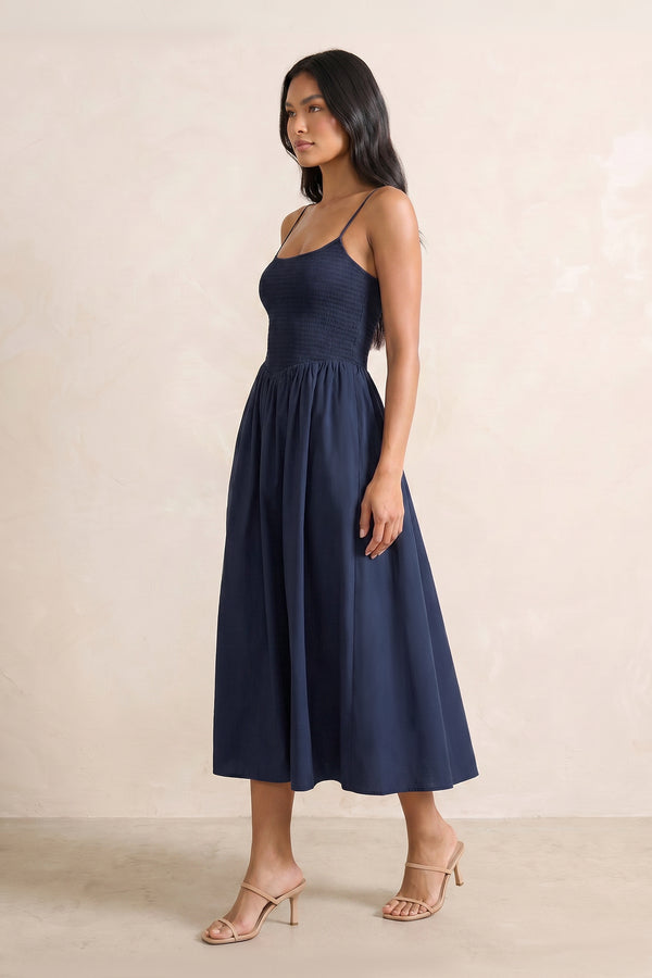 Spaghetti Straps A-Line Knit Midi Dress in Dark Navy– SHE IS ME Dresses
