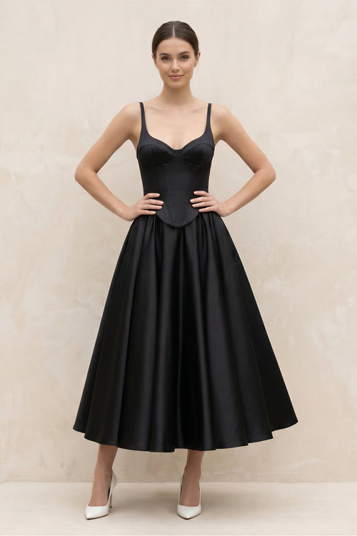 Spaghetti Straps A - Line Satin Midi Wedding Dress in Black - SHE IS ME Wedding Dresses