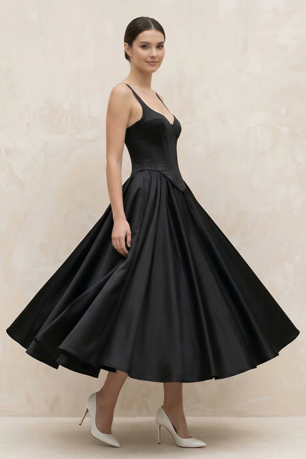 Spaghetti Straps A - Line Satin Midi Wedding Dress in Black - SHE IS ME Wedding Dresses