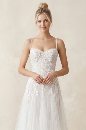 Spaghetti Straps A - Line Tulle Appliqued Wedding Dress in White - SHE IS ME Wedding Dresses