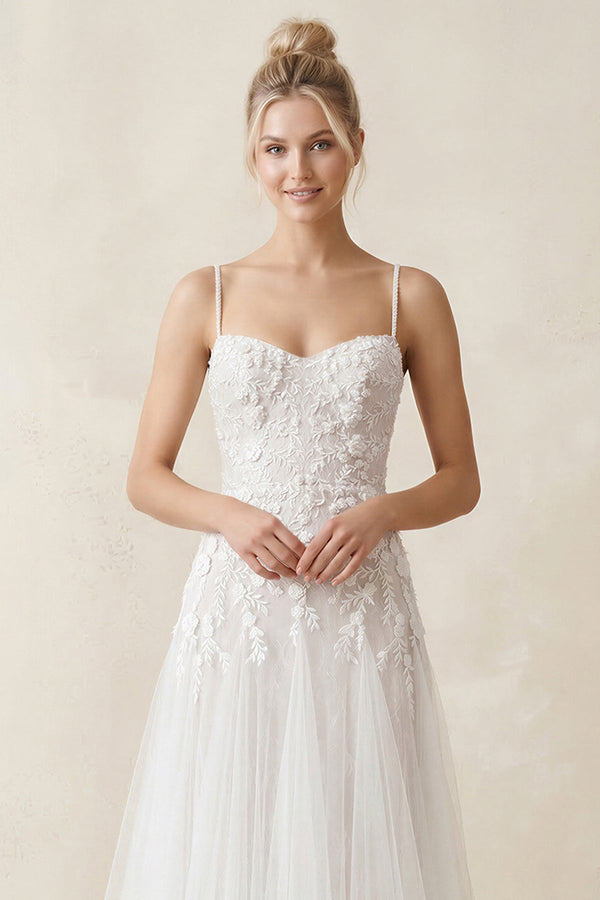 Spaghetti Straps A - Line Tulle Appliqued Wedding Dress in White - SHE IS ME Wedding Dresses