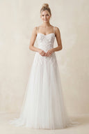 Spaghetti Straps A - Line Tulle Appliqued Wedding Dress in White - SHE IS ME Wedding Dresses
