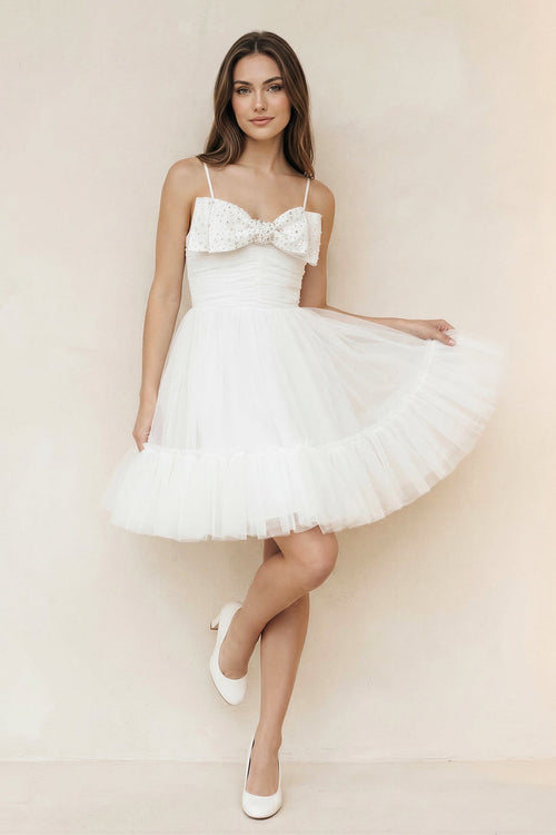 Spaghetti Straps A - line Tulle Bow Wedding Dress With Beading in White - SHE IS ME Wedding Dresses