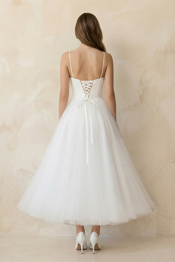 Spaghetti Straps A - Line Tulle Midi Wedding Dress in White - SHE IS ME Wedding Dresses