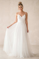 Spaghetti Straps A - Line Tulle Ruched Wedding Dress in White - SHE IS ME Wedding Dresses