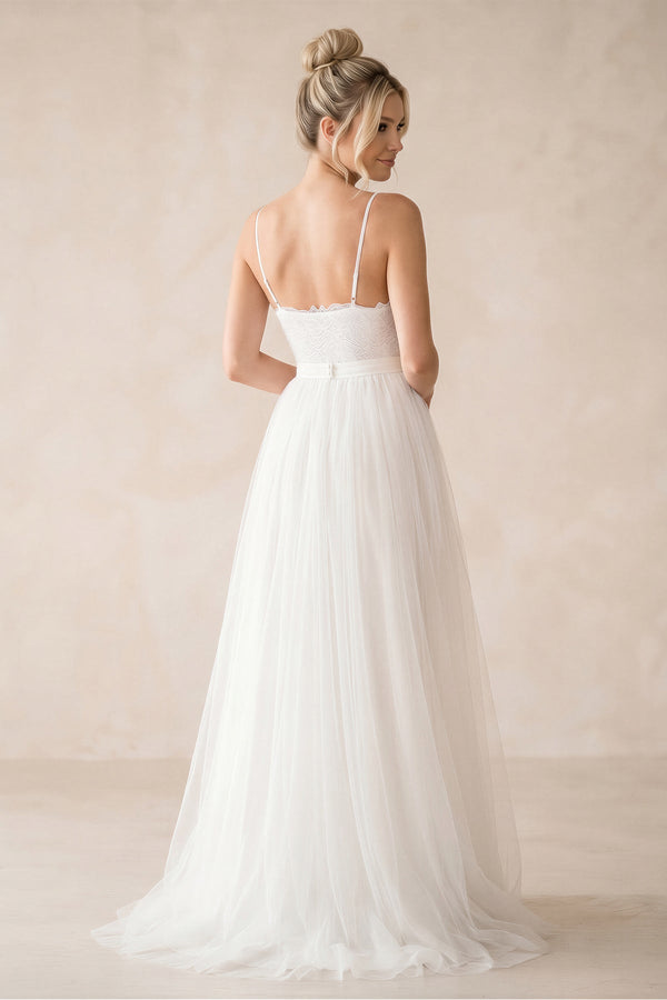 Spaghetti Straps A - Line Tulle Ruched Wedding Dress in White - SHE IS ME Wedding Dresses
