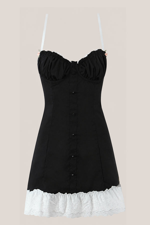 Spaghetti Straps Lace A-Line Cotton Mini Dress in Black– SHE IS ME Dresses