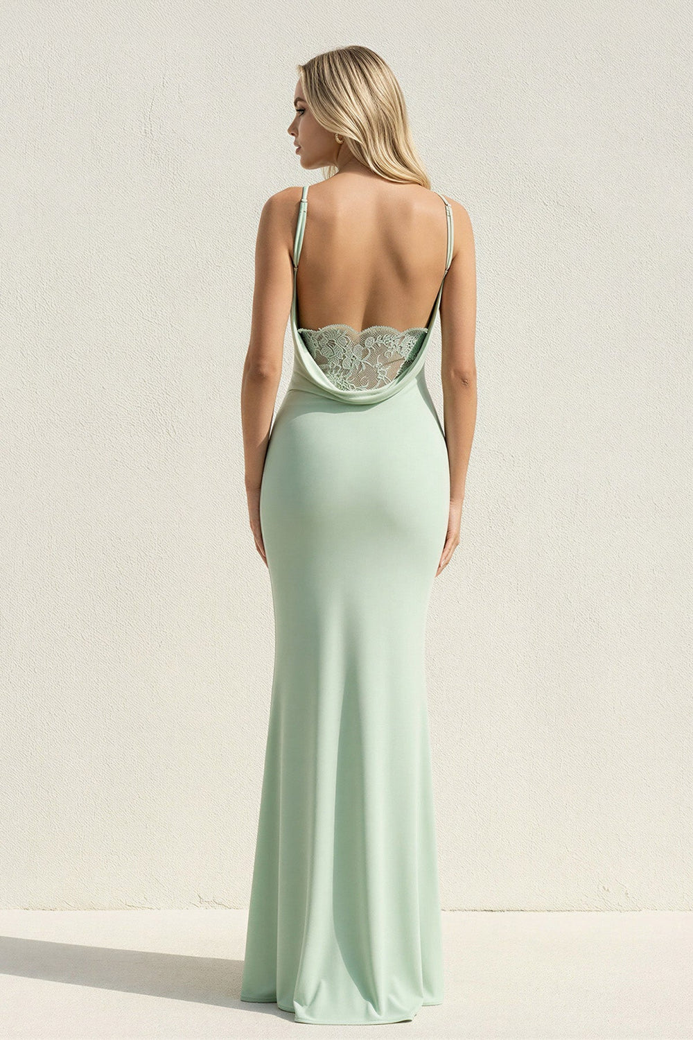 Spaghetti Straps Maxi Dress With Lace in Mint Green - SHE IS ME