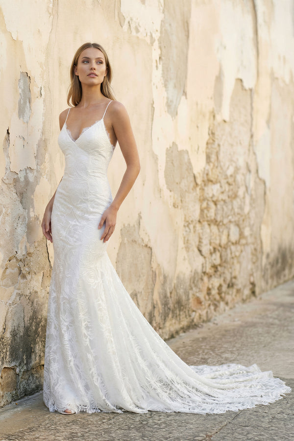 Spaghetti Straps Mermaid Lace Wedding Dress in White - SHE IS ME Wedding Dresses