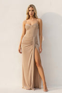 Spaghetti Straps Ruched Maxi Dress With Slit in Champagne - SHE IS ME