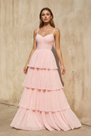 Spaghetti Straps Ruffled Gown in Blush - SHE IS ME Prom Dresses