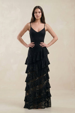 Spaghetti Straps Ruffled Sheath Lace Wedding Dress in Black - SHE IS ME Wedding Dresses